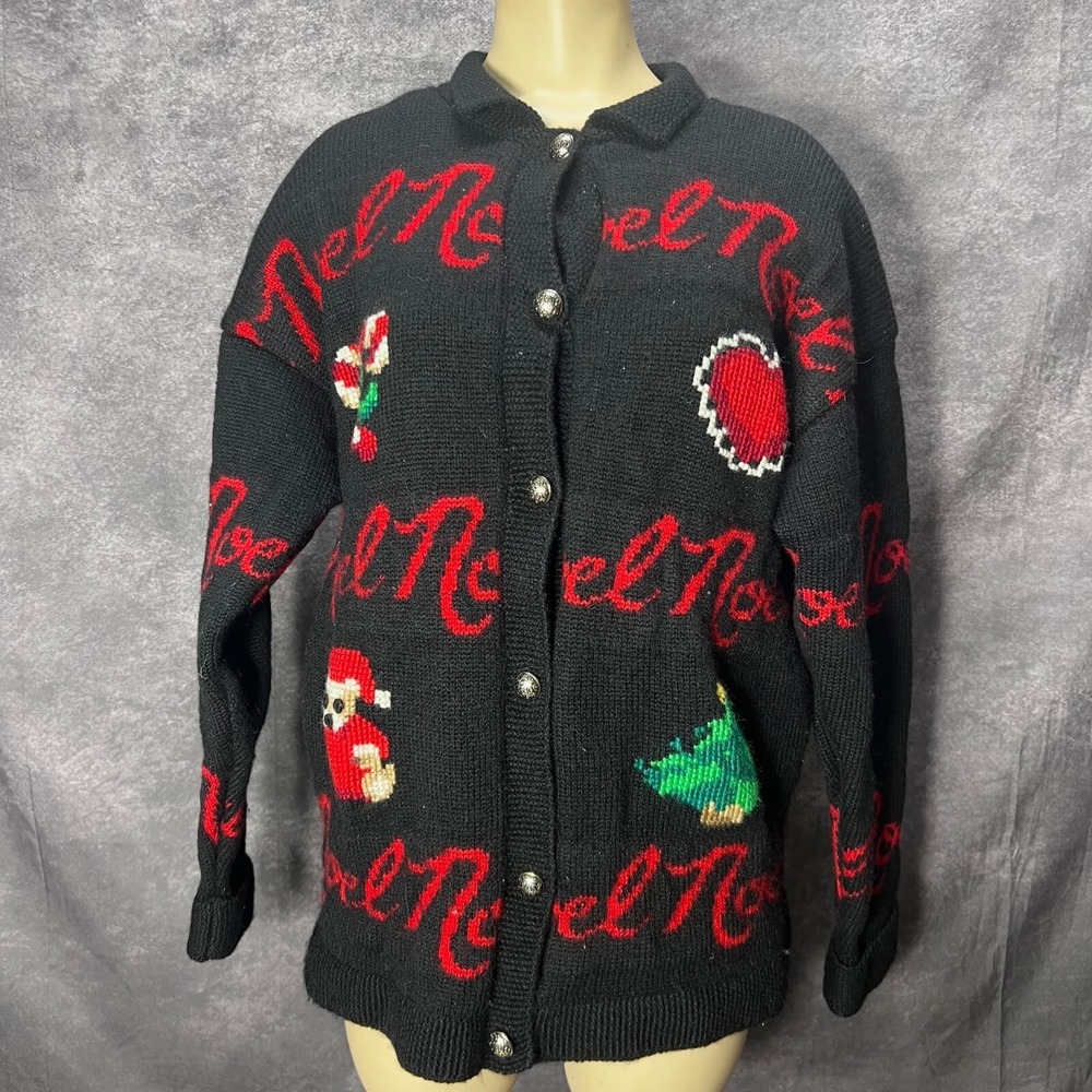VTG The Eagles Eye 1992 Noel Cardigan Christmas Sweater Womens S Wool Teddy Bear